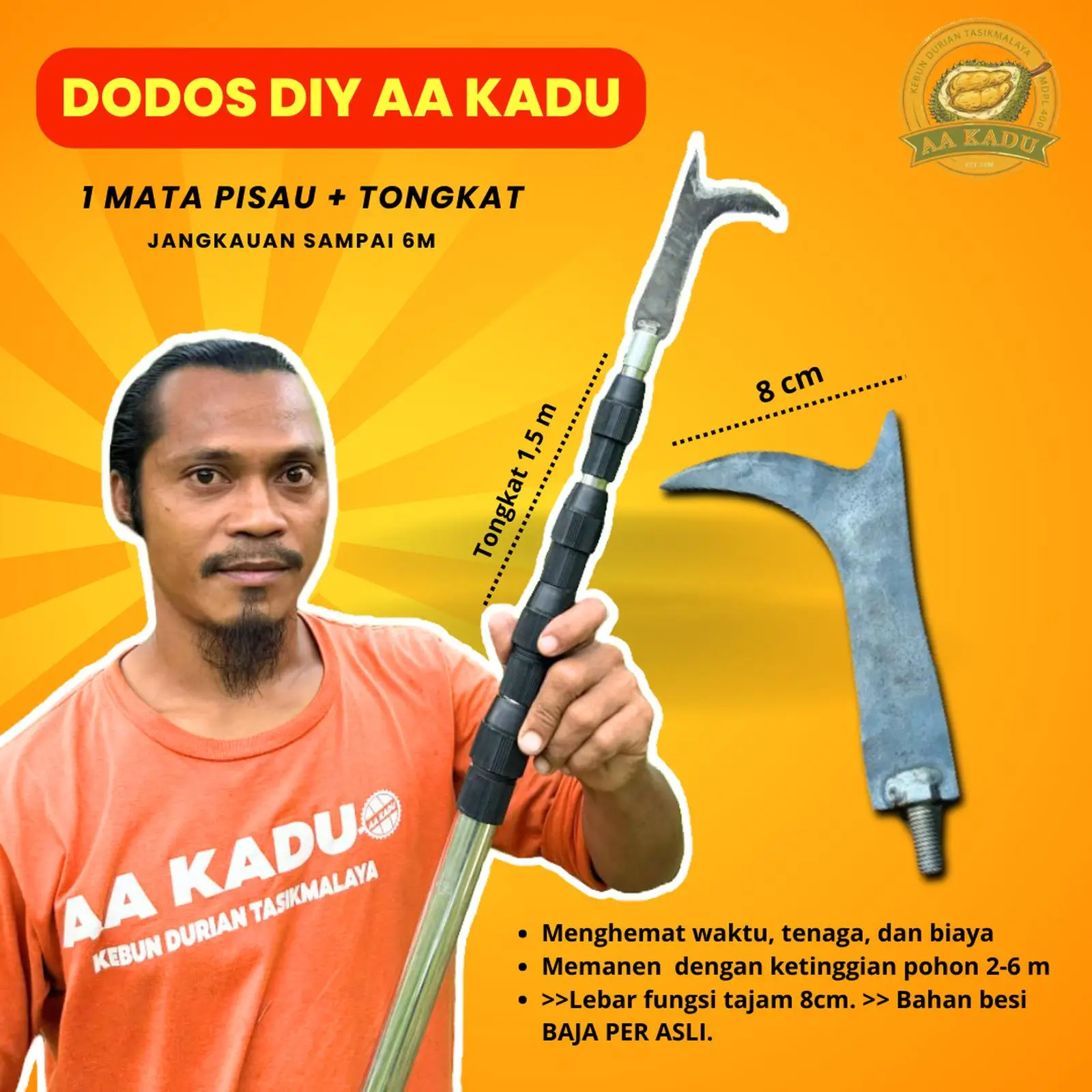 Dodos DIY AA Kadu Memudahkan panen jangkauan sampai 6m Include 1 Mata Pisau + Tongkat Panjang 1.5m - Dodos+Tihang